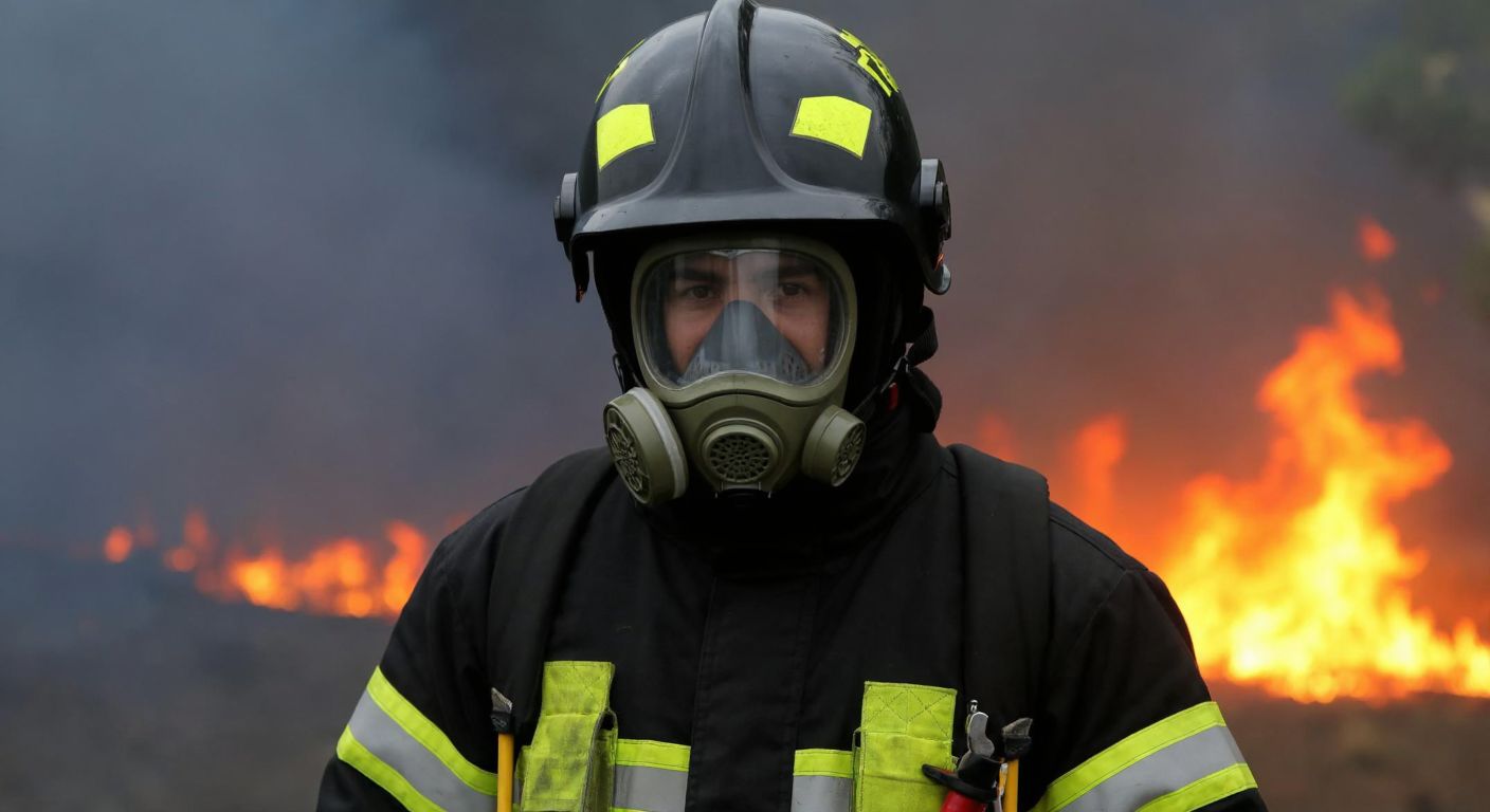 A Turkish firefighter in full protective gear, wearing a sturdy gas mask with a clear visor, standing amid a smoky forest fire with flames glowing in the background.