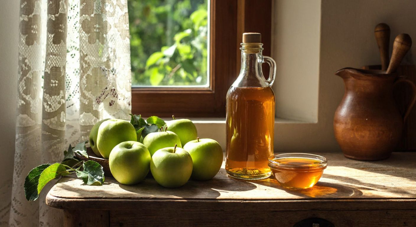 A rustic wooden table in a Turkish kitchen holds a clear glass bottle of amber-colored apple vinegar next to fresh green apples and a small bowl of honey, with sunlight streaming through a lace curtain.