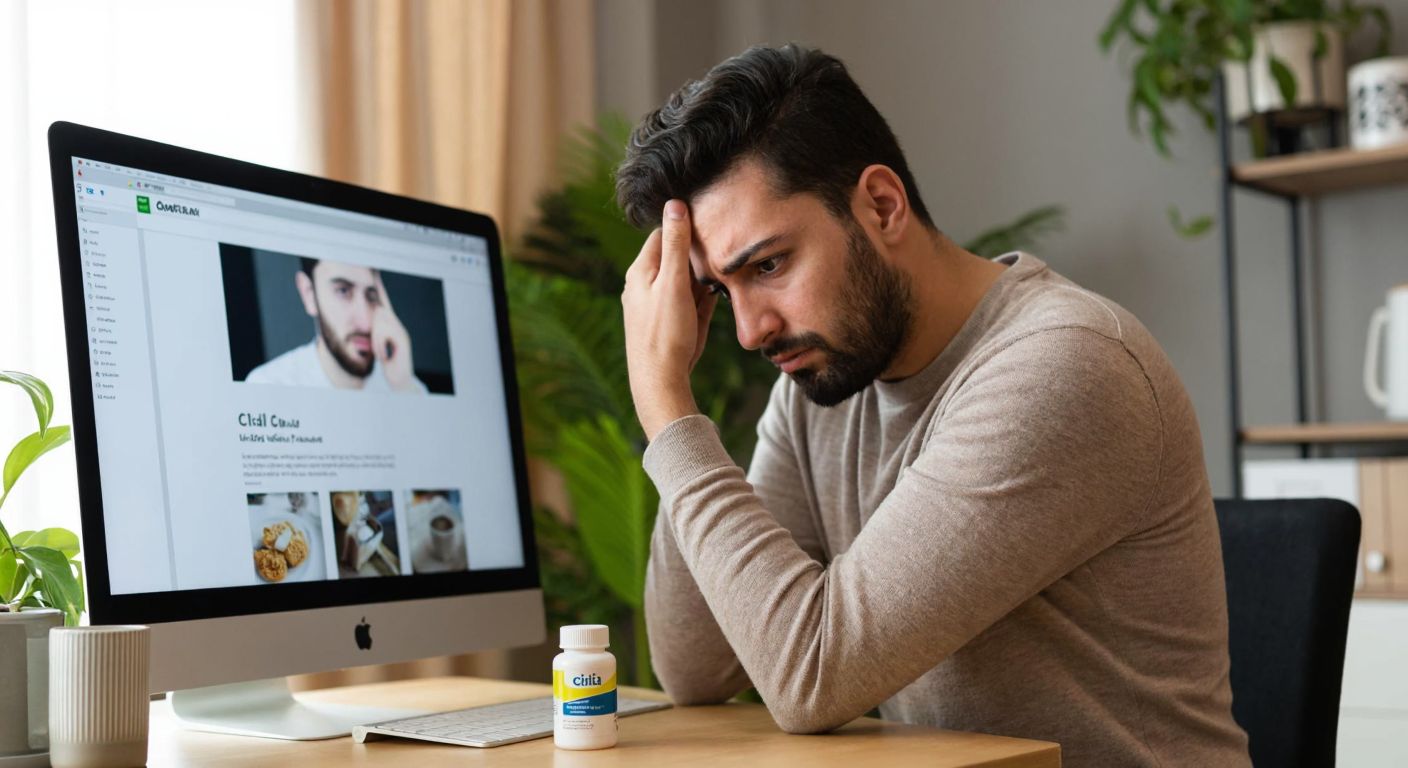 A confused Turkish man scratching his head while standing between a computer displaying a webpage, a small bottle labeled "Cialis," and a silicone ring on a table.
