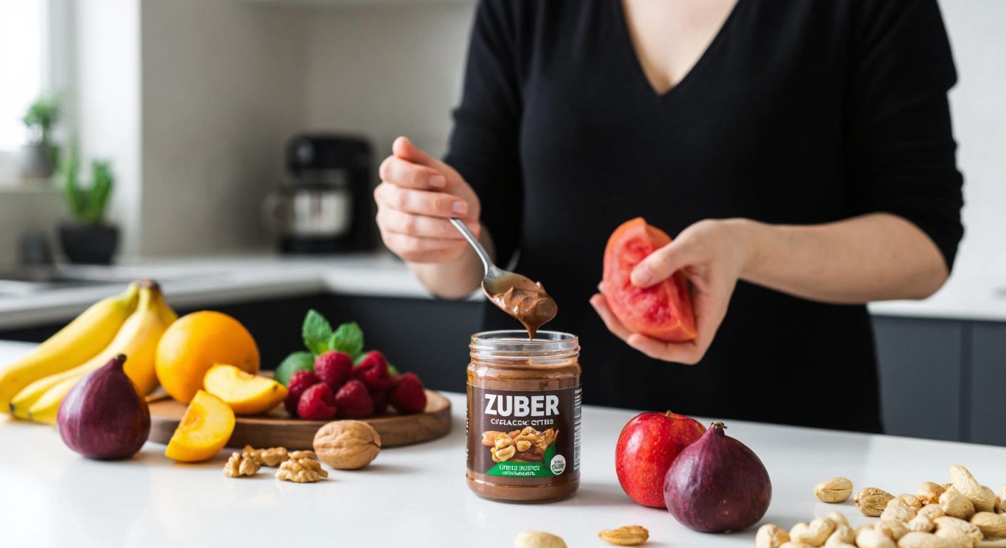 A Turkish woman in a bright kitchen carefully measures a spoonful of chocolate-peanut butter from a jar labeled "Züber," with fresh fruits and nuts arranged neatly on the counter beside her.