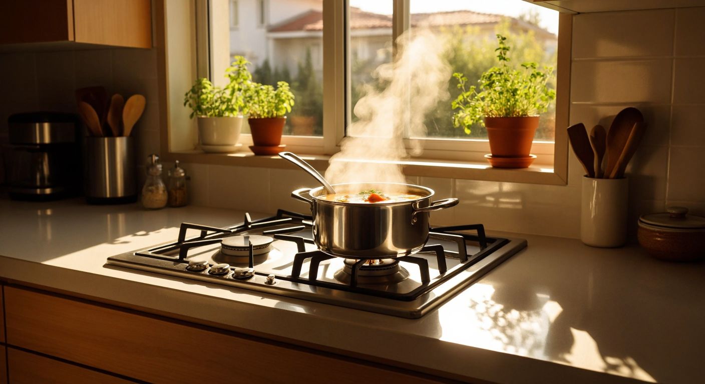 A sleek stainless steel gas stovetop with four burners sits on a kitchen counter in a sunlit Turkish home, with a bubbling pot of çorba (soup) steaming on one flame.