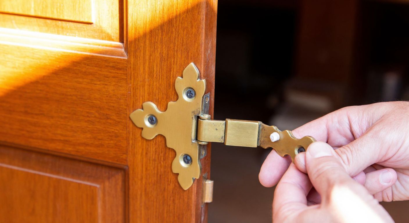 A sturdy brass leaf hinge mounted on a polished wooden cabinet door in a sunlit Turkish workshop, with a craftsman’s hands testing its smooth movement.