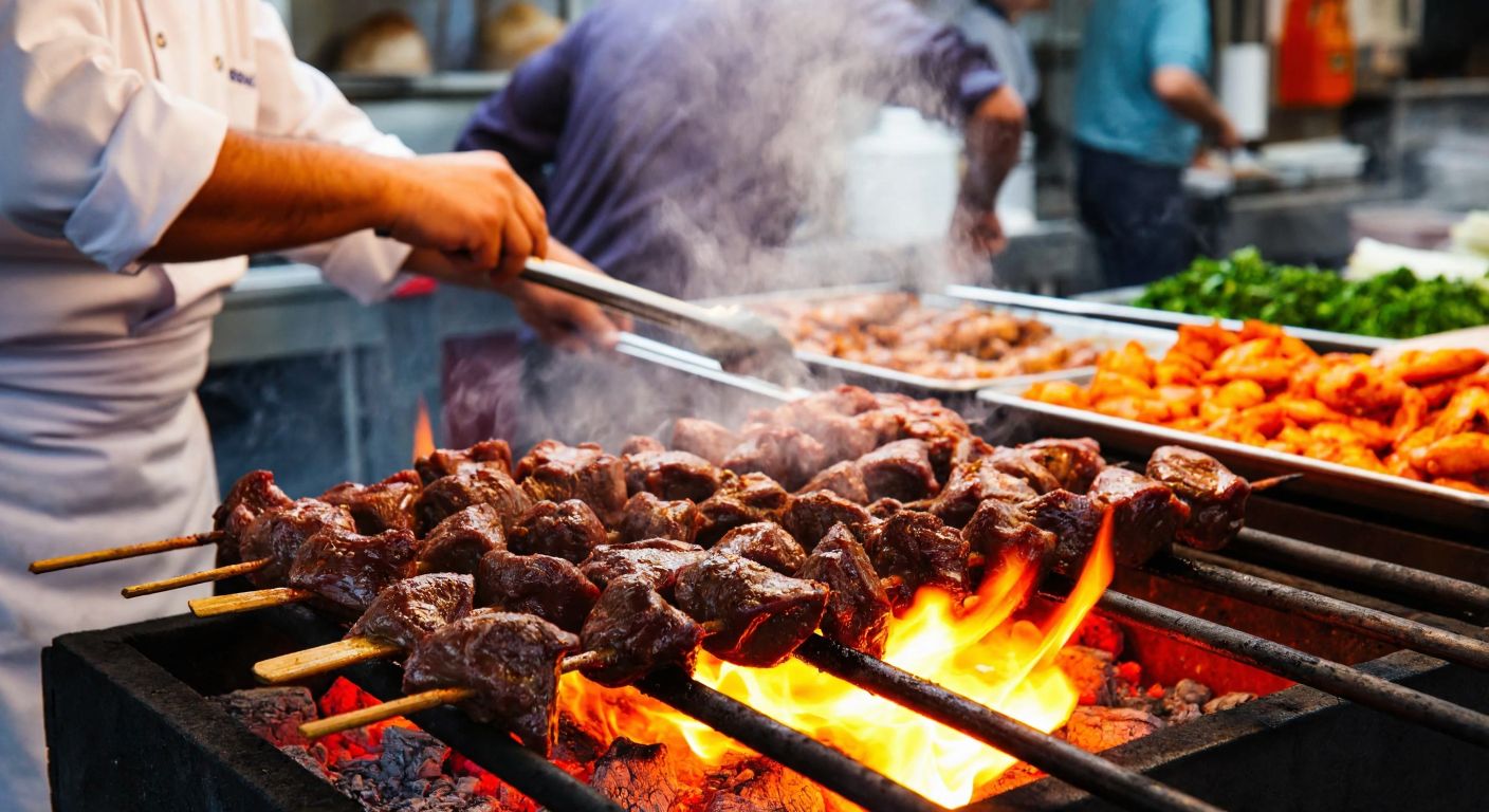 A close-up of marinated lamb hearts skewered on metal rods, sizzling over glowing charcoal embers, with a Turkish chef in a white apron carefully turning them with tongs, steam rising against a backdrop of a bustling Istanbul street food stall.