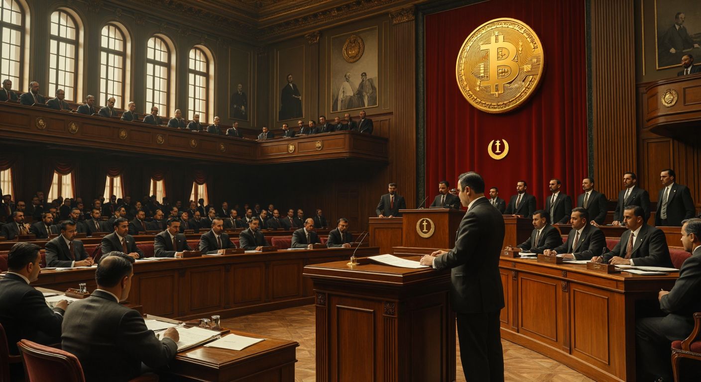 A solemn Turkish parliamentary chamber from the 1930s, with lawmakers in vintage suits voting on a document, while a symbolic golden lira coin glows prominently on the speaker’s podium.