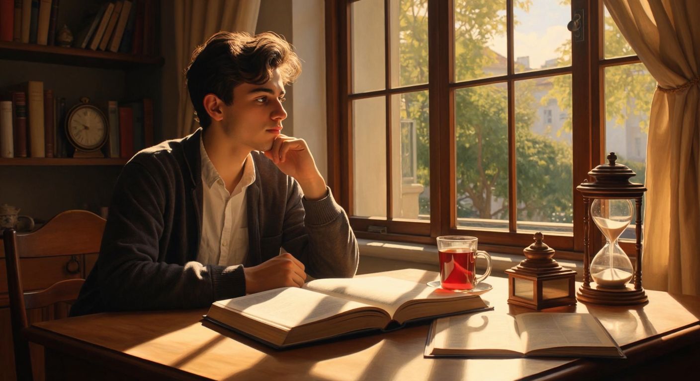 A young Turkish person sitting at a wooden desk in a sunlit room, looking thoughtfully at an open book with a steaming cup of çay beside them, while a small hourglass and a dictionary rest nearby.