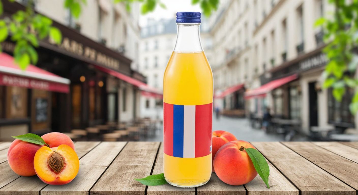 A vibrant, fizzy peach-flavored soda bottle with a French flag label, placed on a rustic wooden table with fresh peaches and a Parisian café in the background.