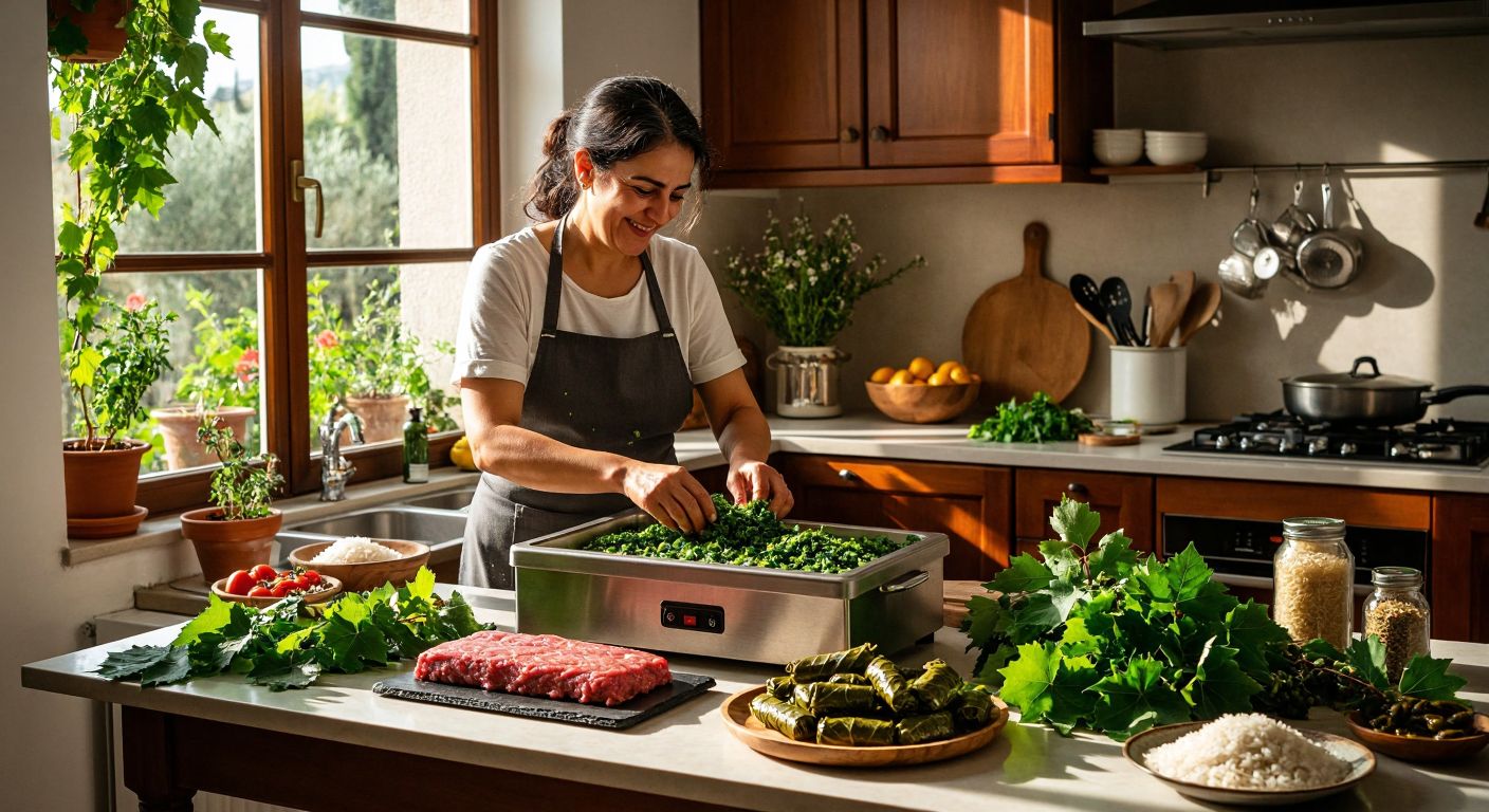 A stainless steel sarma machine sits on a sunlit kitchen counter in Turkey, surrounded by fresh grape leaves, minced meat, and rice, with a smiling middle-aged woman in an apron carefully rolling dolma nearby.