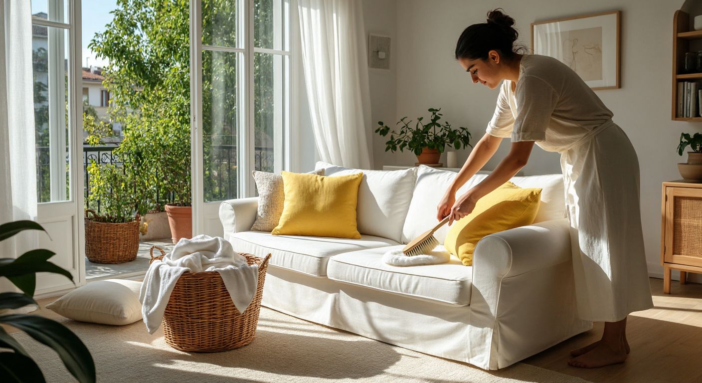 A bright, sunlit Turkish living room with a disassembled IKEA couch cushion—its removable cover draped over a laundry basket, while a person gently scrubs the cushion’s inner foam with a soft brush.