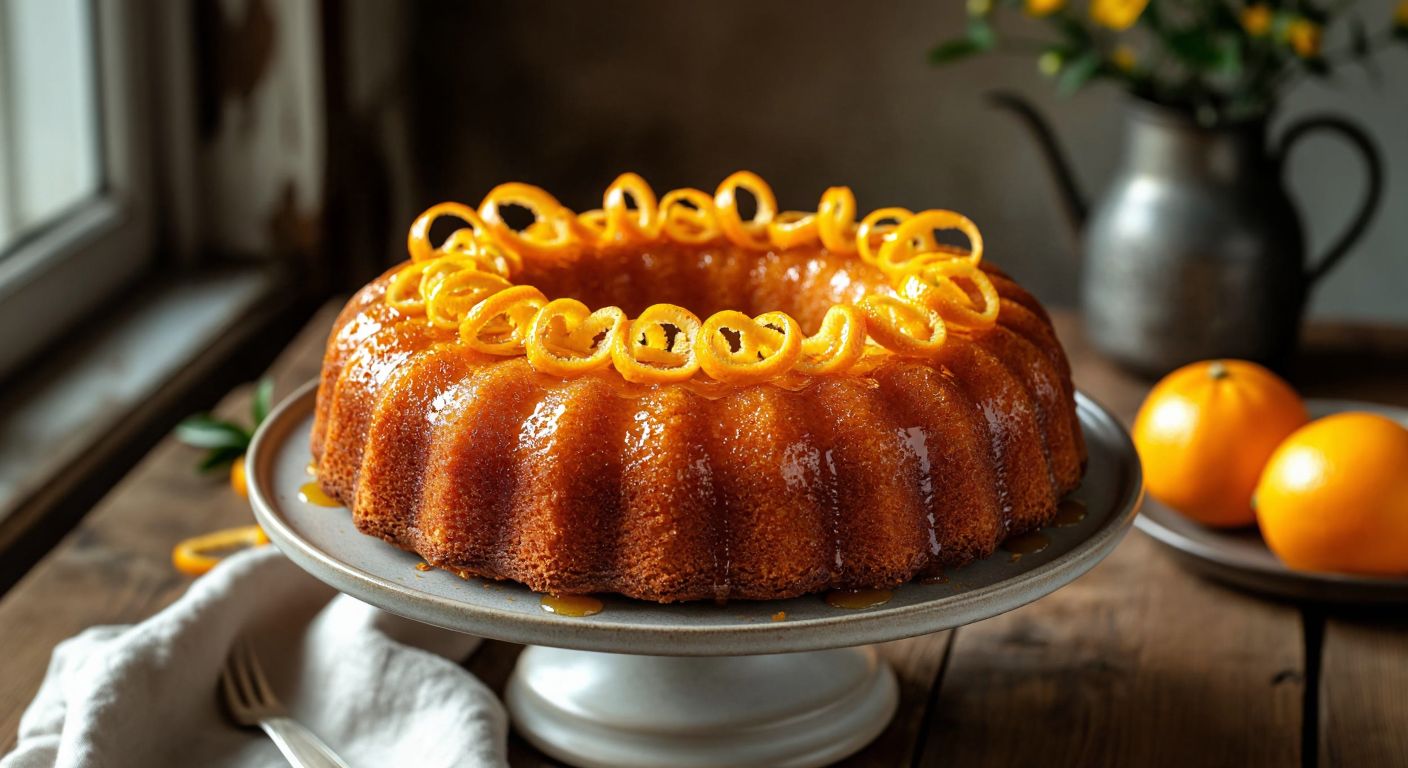 A golden, moist orange cake glistening with fresh orange syrup, garnished with delicate orange zest curls, placed on a rustic wooden table in a sunlit Turkish kitchen.
