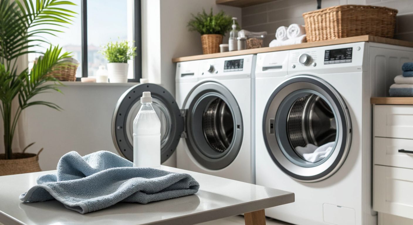 A bright, modern Turkish laundry room with an open washing machine, a bottle of white vinegar and baking soda on a counter, and a clean rubber seal being wiped with a cloth, conveying freshness and cleanliness.