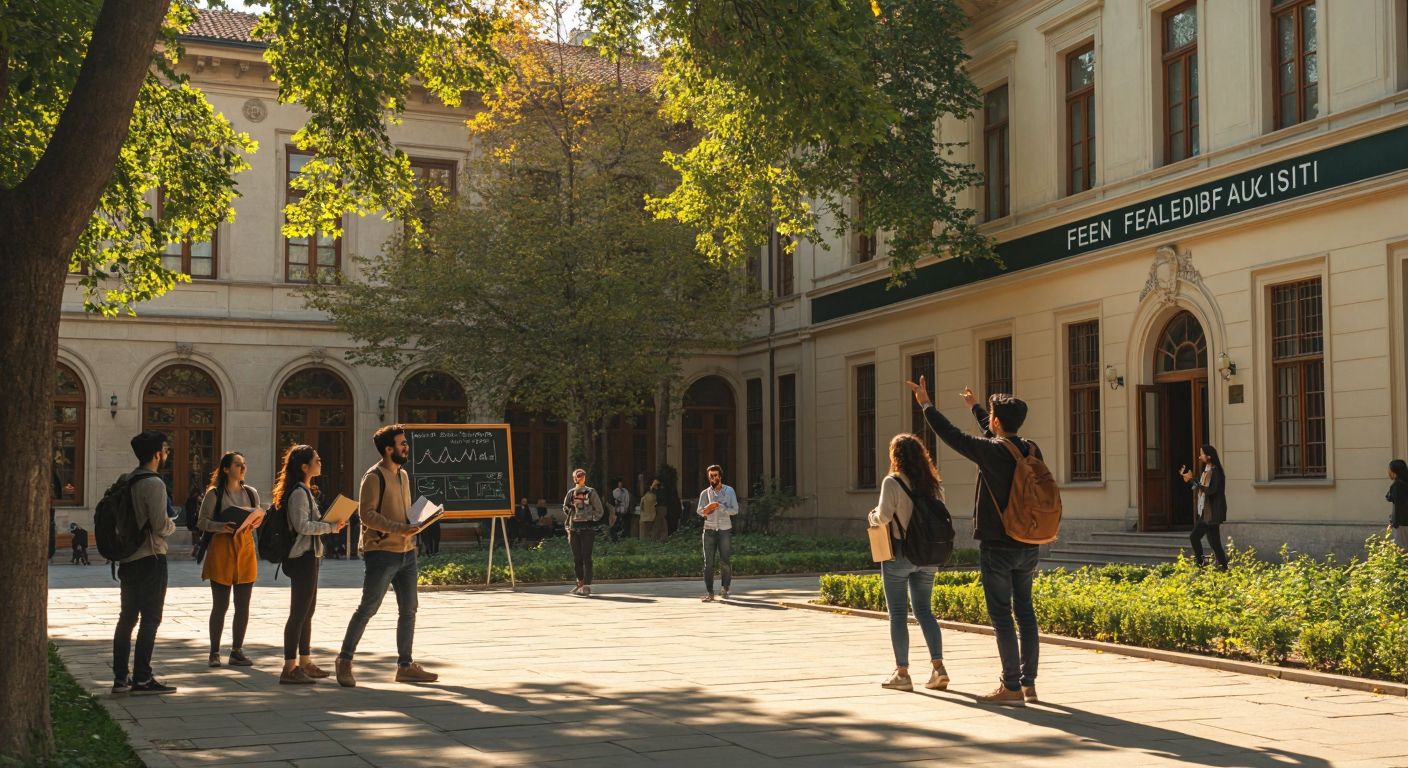 A sunlit university courtyard in Istanbul, with students carrying books and a professor gesturing toward a building labeled "Fen-Edebiyat Fakültesi," while a chalkboard in the background displays statistical graphs.