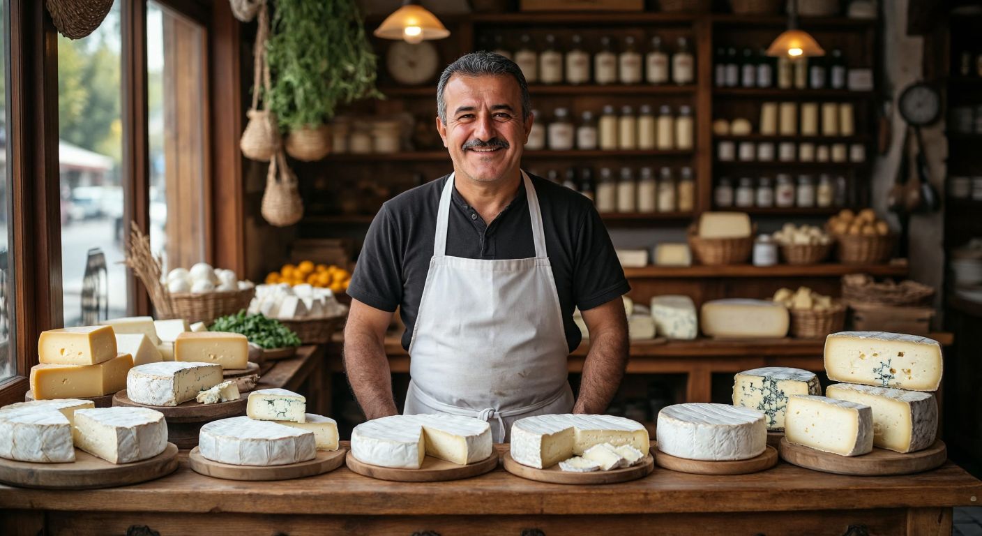 A middle-aged Turkish man with a warm smile, wearing a white apron, stands proudly behind a wooden counter displaying an array of fresh cheeses and dairy products in a cozy, traditional shop.