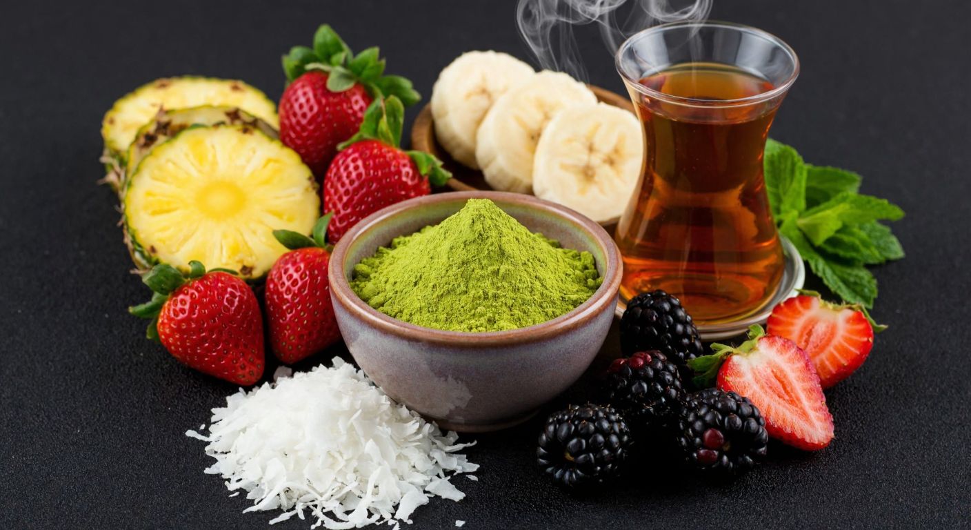 A vibrant green matcha tea powder in a small ceramic bowl, surrounded by fresh strawberries, pineapple slices, bananas, blackberries, and shredded coconut, with a traditional Turkish tea glass steaming beside it.