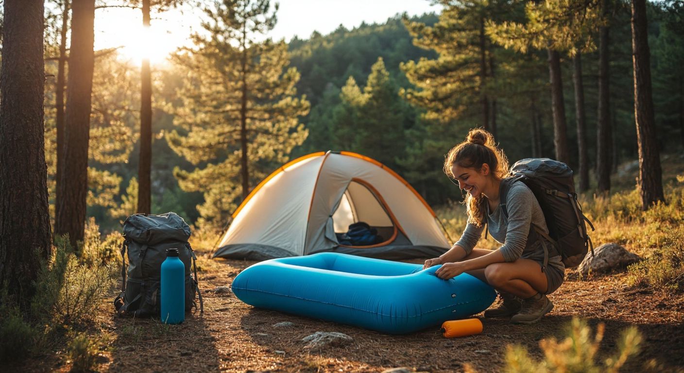 A smiling camper in a green Turkish forest inflates a bright blue Decathlon air pillow while their tent and backpack sit nearby, surrounded by pine trees and golden sunlight.