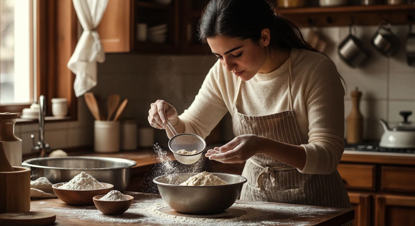 A Turkish woman in a cozy kitchen sifts flour through a fine sieve over a bowl of cookie dough, with a small bowl of powdered sugar and a whisk nearby, her face focused and hands dusted with flour.