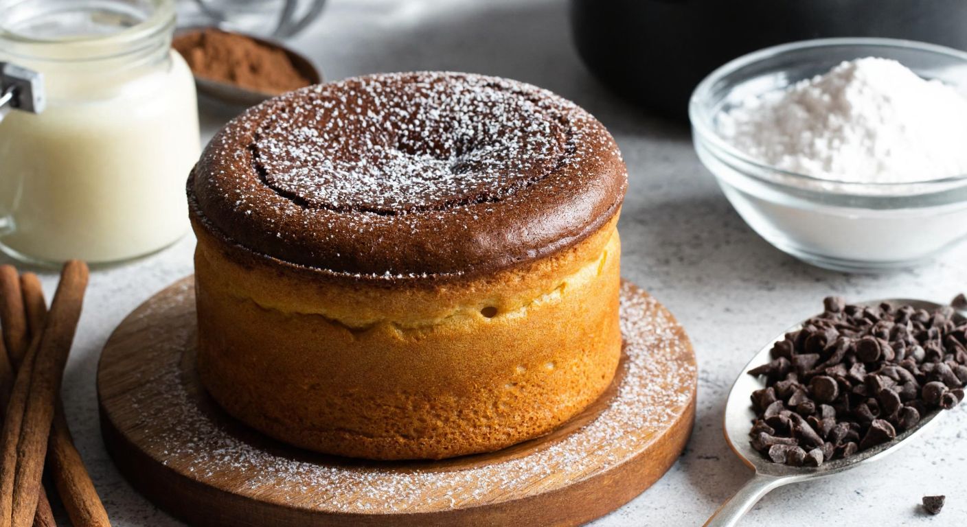 A warm, golden-brown chocolate-free soufflé sits on a rustic Turkish kitchen counter, surrounded by ingredients like flour, oil, vanilla, and cocoa, with a dusting of powdered sugar on top.