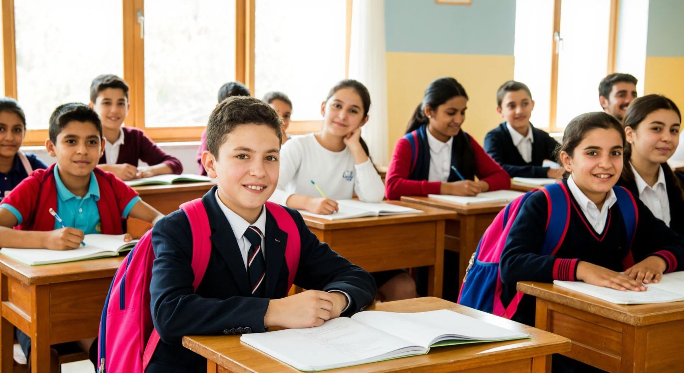 A group of Turkish students in school uniforms, ranging from young children to teenagers, sitting at wooden desks in a sunlit classroom with colorful backpacks and open notebooks, smiling as they study together.