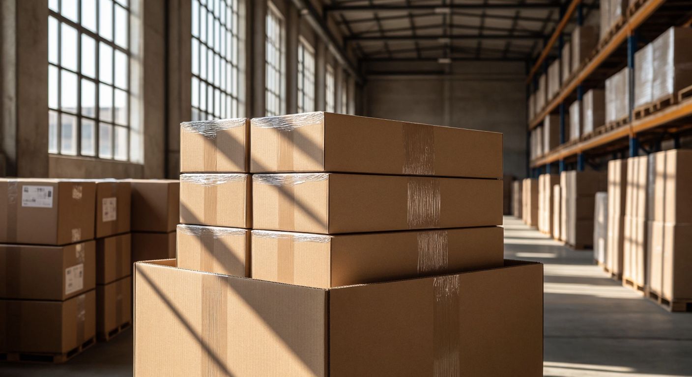 A sturdy cardboard box filled with neatly stacked, identical square packages, each measuring 50x50 cm, arranged in a warehouse with warm Turkish sunlight filtering through high windows.