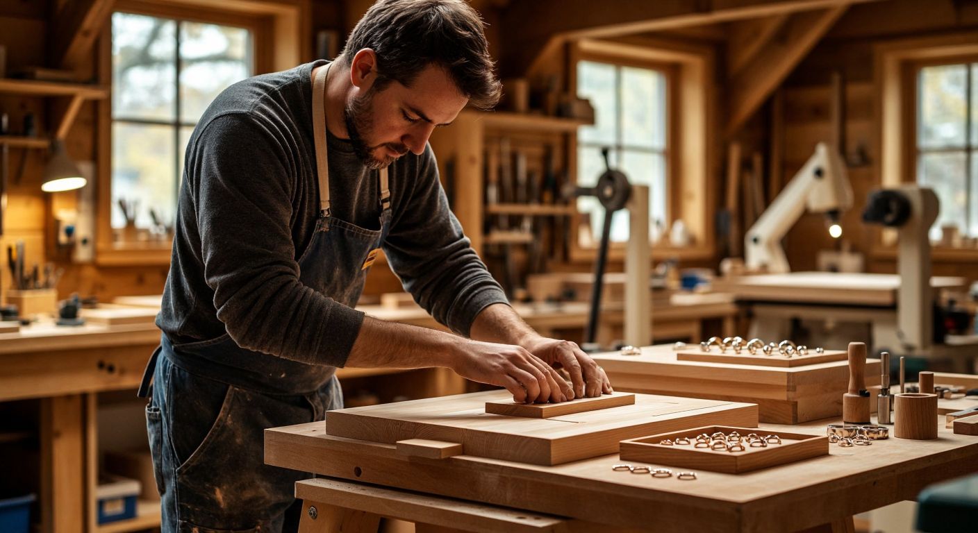 A craftsman in a woodshop carefully adjusts a wooden workpiece on a sturdy hand router table, while a physiotherapist in a clinic guides a patient’s hand exercises on a textured therapy board, and a jeweler arranges delicate rings on a velvet display tray in a softly lit workshop.