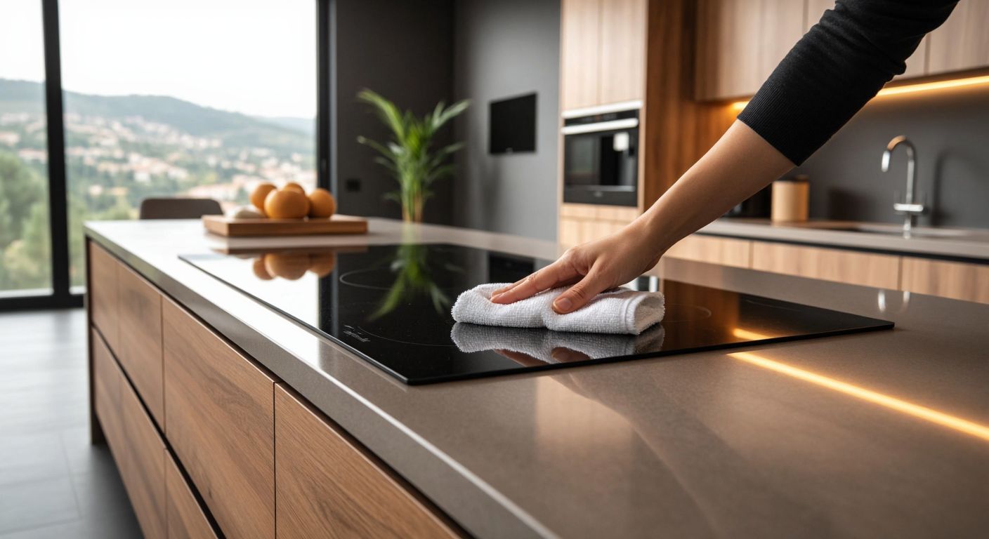 A sleek, modern HG panel in a Turkish home setting, being gently wiped with a damp cloth to showcase its scratch-resistant, durable surface against a backdrop of warm wooden furniture.