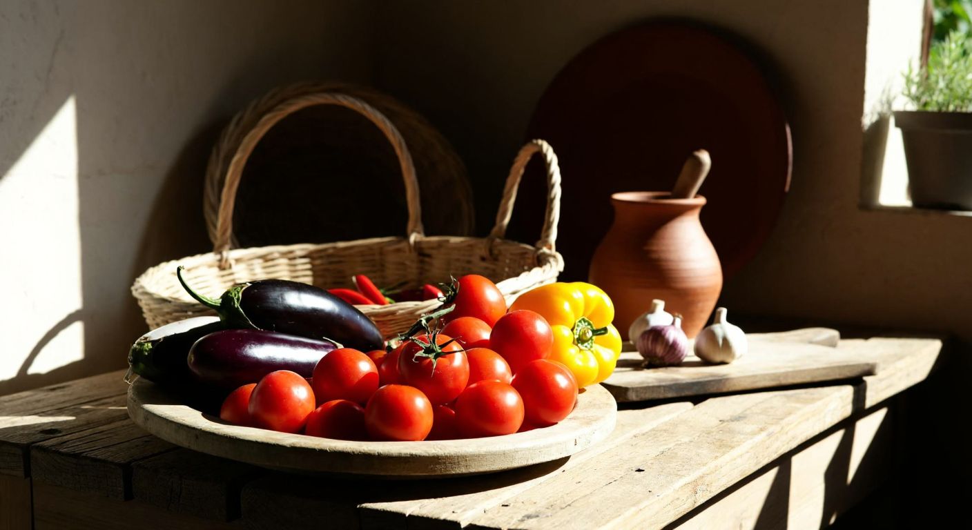 A rustic wooden table in a sunlit Turkish kitchen displays fresh, vibrant tomatoes, peppers, eggplants, and garlic, arranged neatly beside a woven basket and a clay pot.