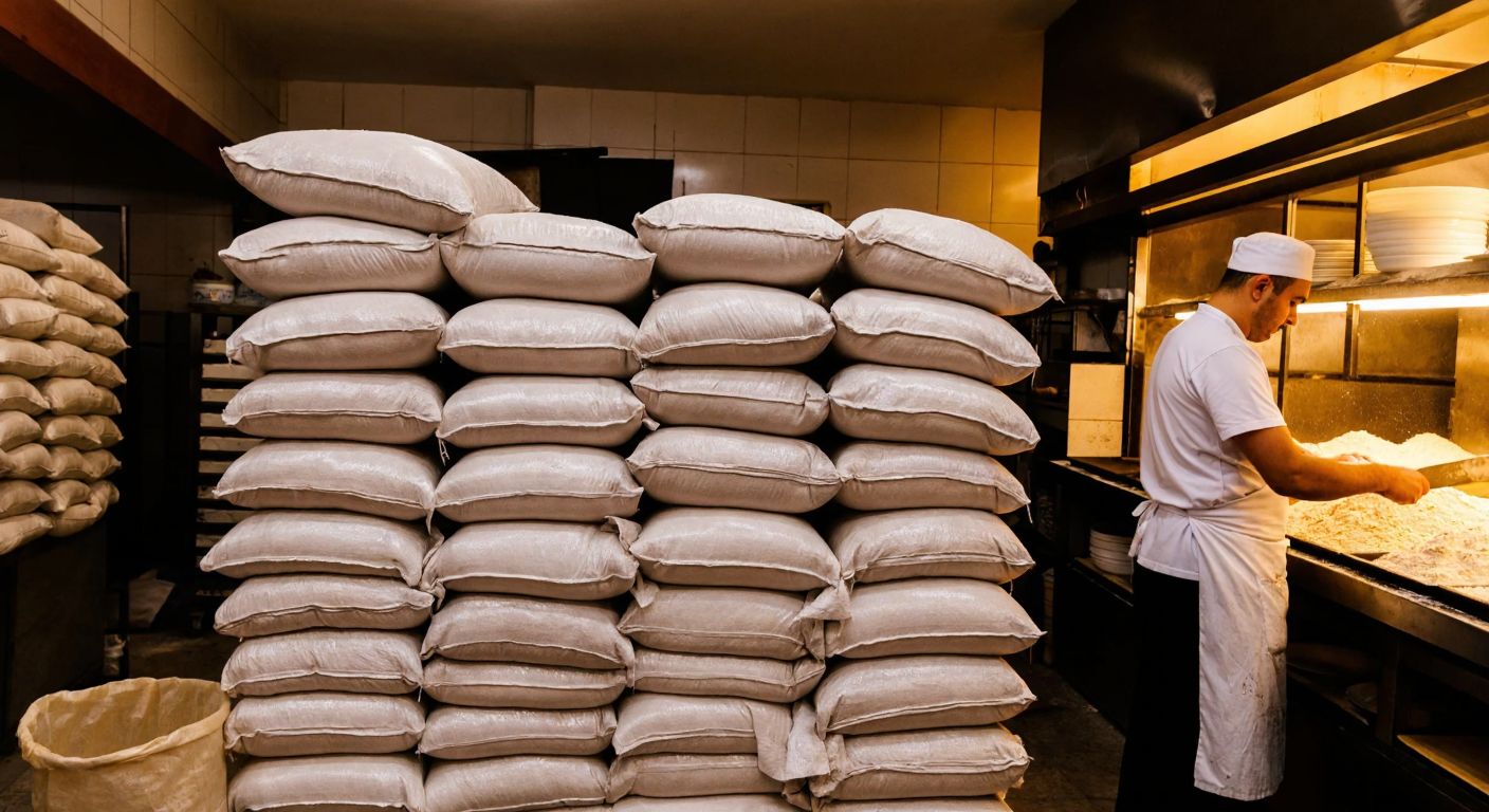 A stack of large, sturdy sacks filled with pizza flour in a bustling Turkish bakery, with a baker in a white apron checking one marked as 25 kg.