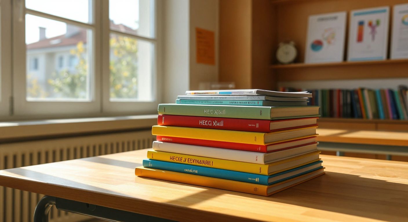 A neatly stacked pile of colorful Turkish middle school textbooks with the Hecce Yayınları logo subtly embossed on the top book, placed on a wooden classroom desk with sunlight streaming through a window.