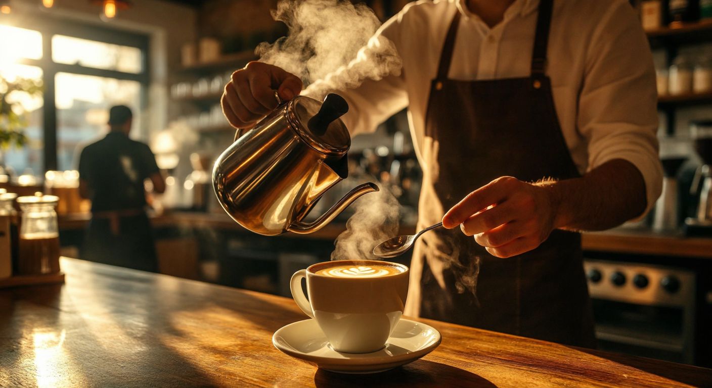 A barista in a cozy Turkish café expertly steaming a pitcher of Pınar Barista milk, creating creamy foam for a latte art-adorned coffee, with warm light reflecting off the rich, velvety surface.