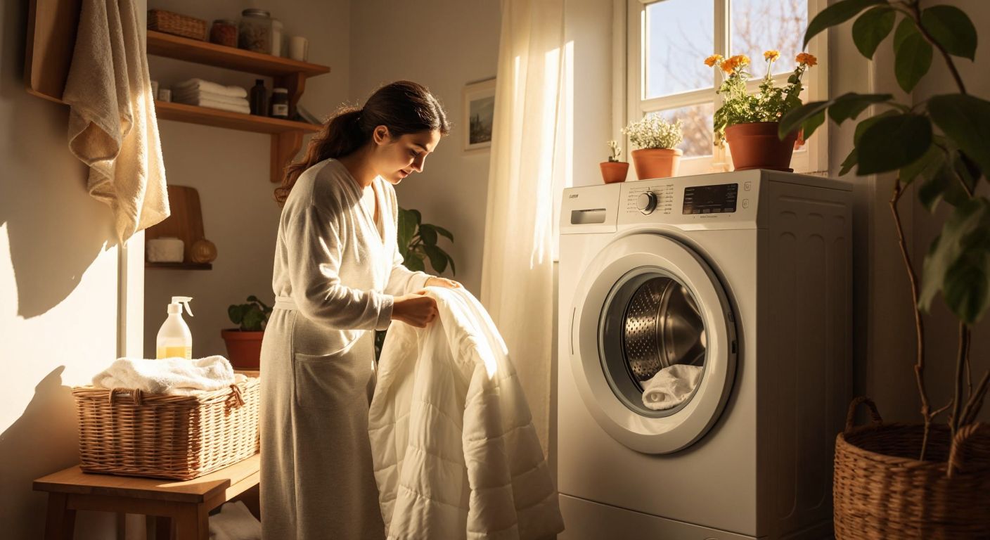 A Turkish woman carefully places a white winter coat inside a washing machine in a cozy, sunlit laundry room, with detergent and a soft cloth nearby.