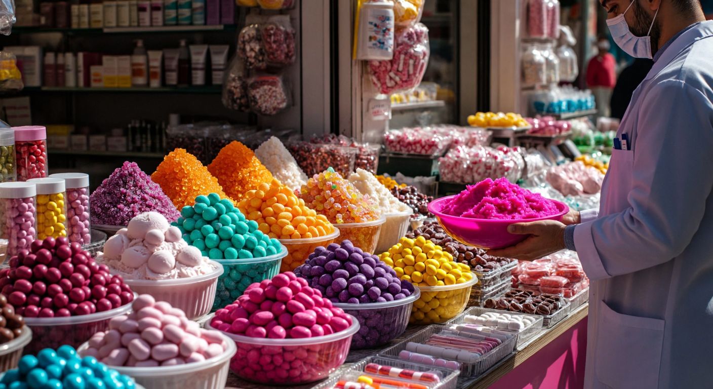 A vibrant Turkish market stall displays colorful candies, ice creams, and cosmetics, with a pharmacist nearby holding capsules and a bowl of bright pink playdough.