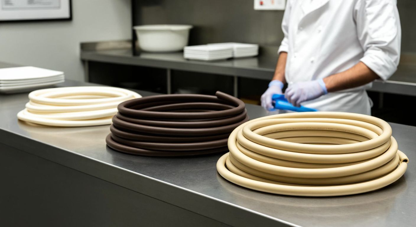 A neatly arranged display of three coiled food hoses—one plastic (translucent white), one rubber (dark brown), and one silicone (soft beige)—resting on a stainless steel counter in a Turkish industrial kitchen, with a chef in a white apron inspecting them.