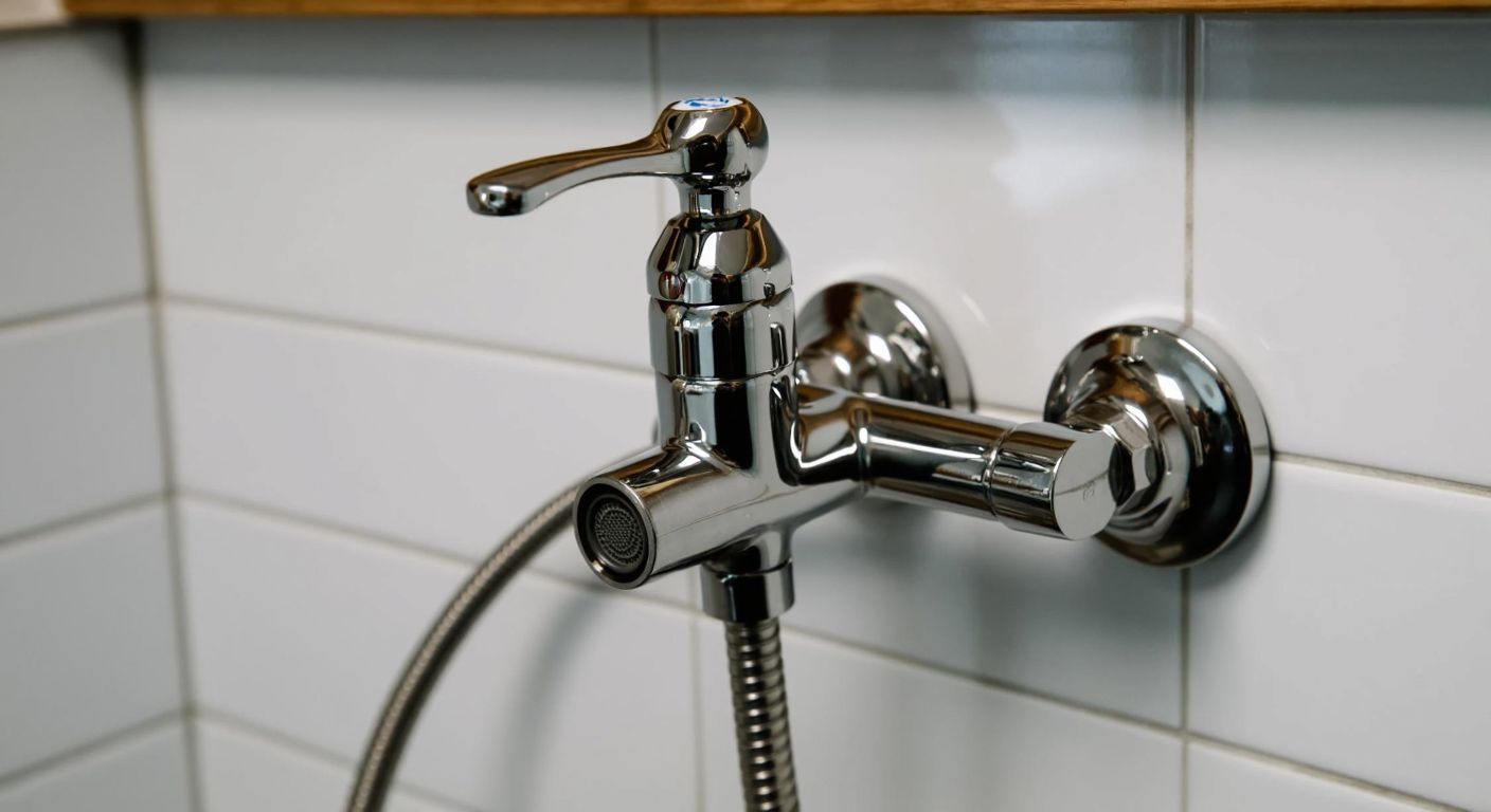 A shiny chrome laundry faucet with a built-in filter, mounted on a white tiled wall in a Turkish laundry room, with a coiled hose and a classic lever handle.