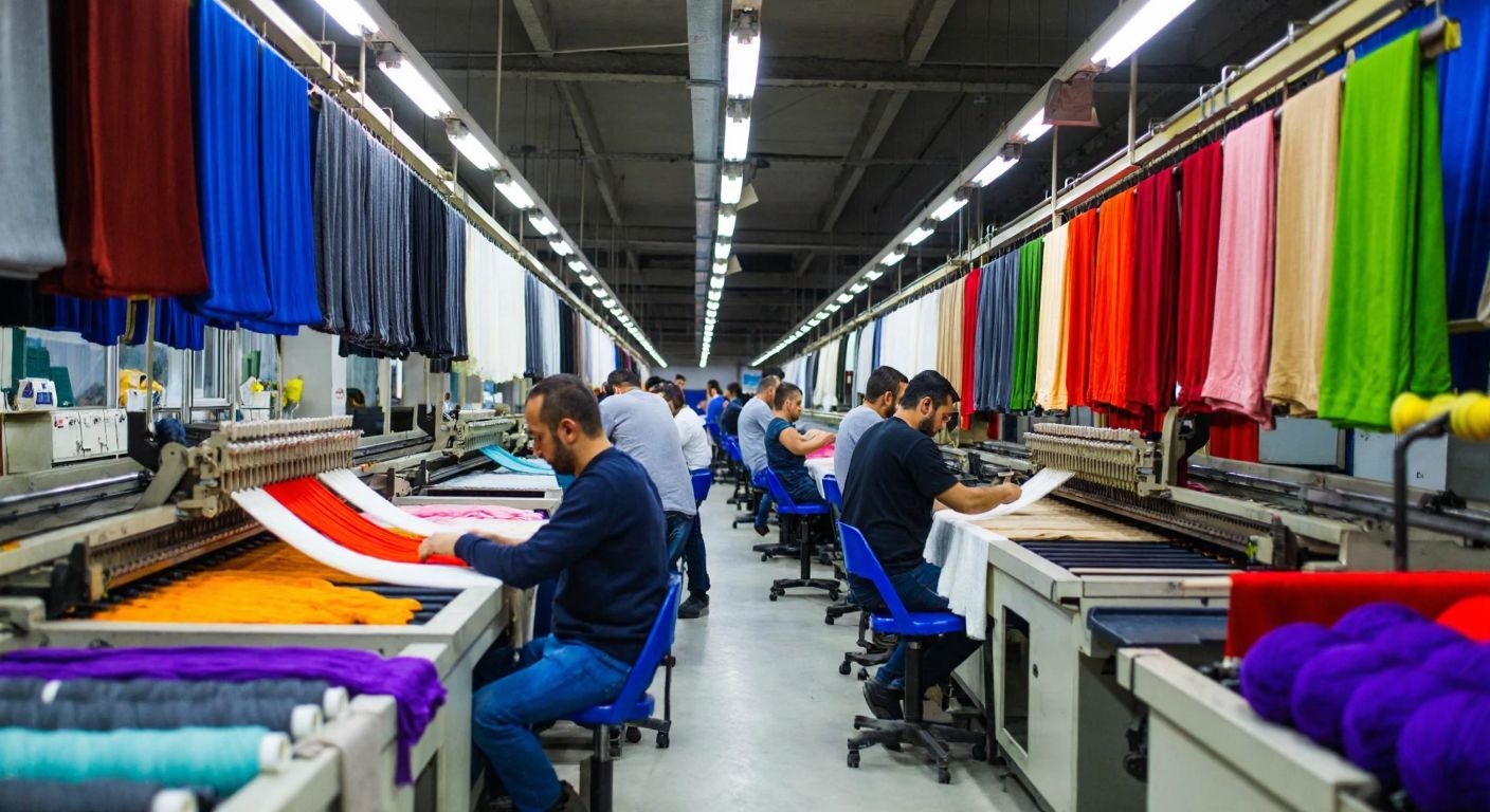 A bustling textile factory in Turkey with workers operating knitting machines, colorful yarns in shades of wool, cotton, and silk neatly stacked nearby, and freshly dyed fabrics hanging to dry under warm industrial lights.