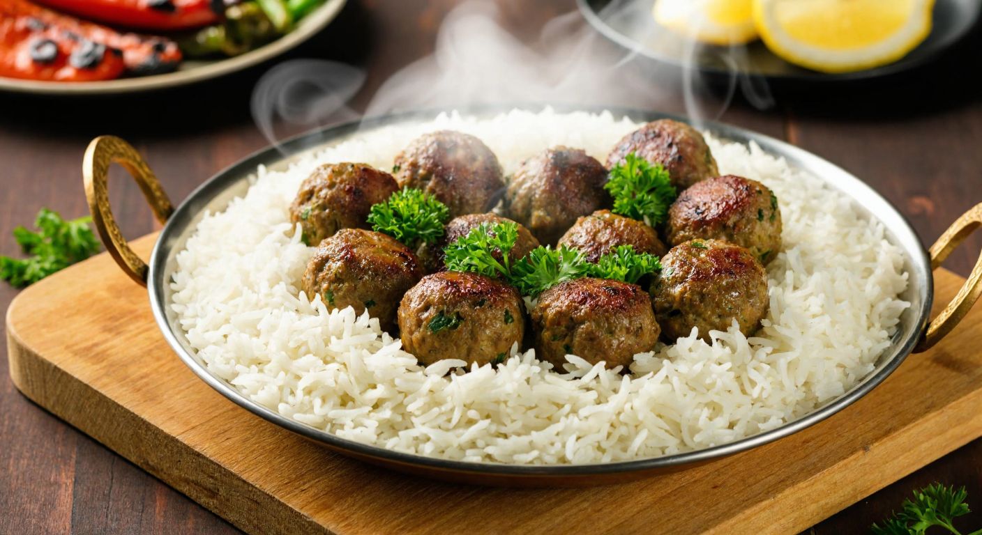 A steaming plate of fluffy white rice topped with sizzling, golden-brown grilled meatballs, garnished with fresh parsley, set on a rustic wooden table with a side of grilled peppers and a slice of lemon.