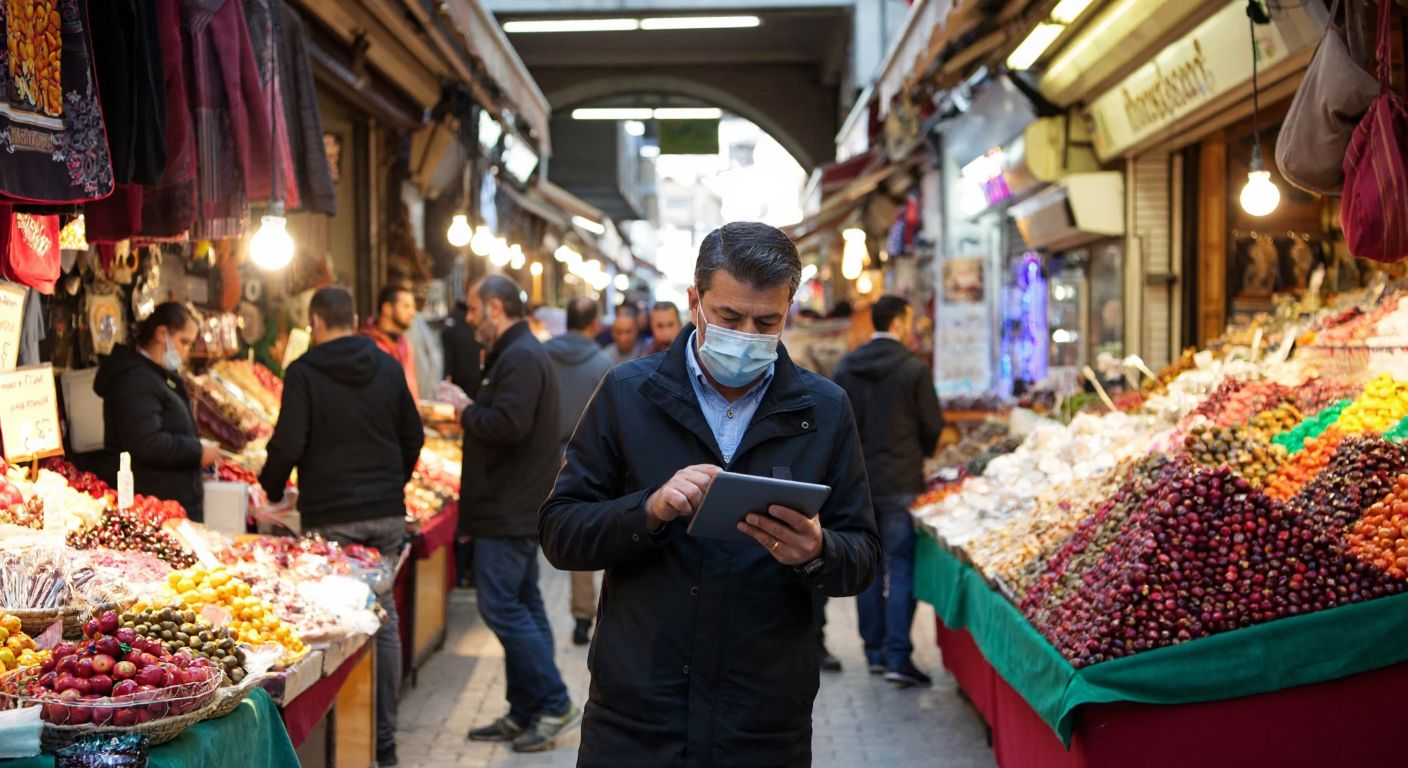 A Turkish shopkeeper in a bustling bazaar compares prices on a tablet while surrounded by colorful market stalls and eager customers.