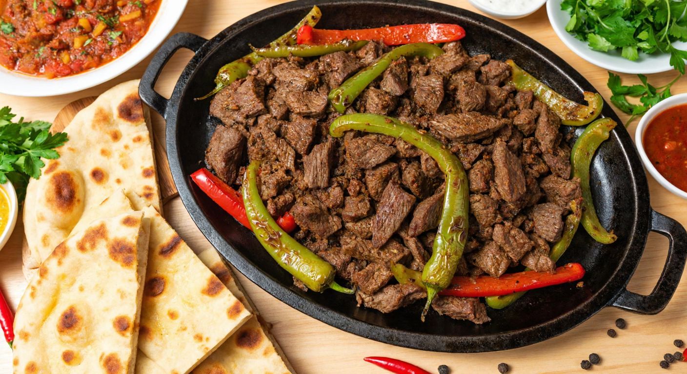 A sizzling iron plate piled with tender, spiced beef and peppers, surrounded by fresh herbs and warm flatbread, evoking the rich flavors of Turkish cuisine.