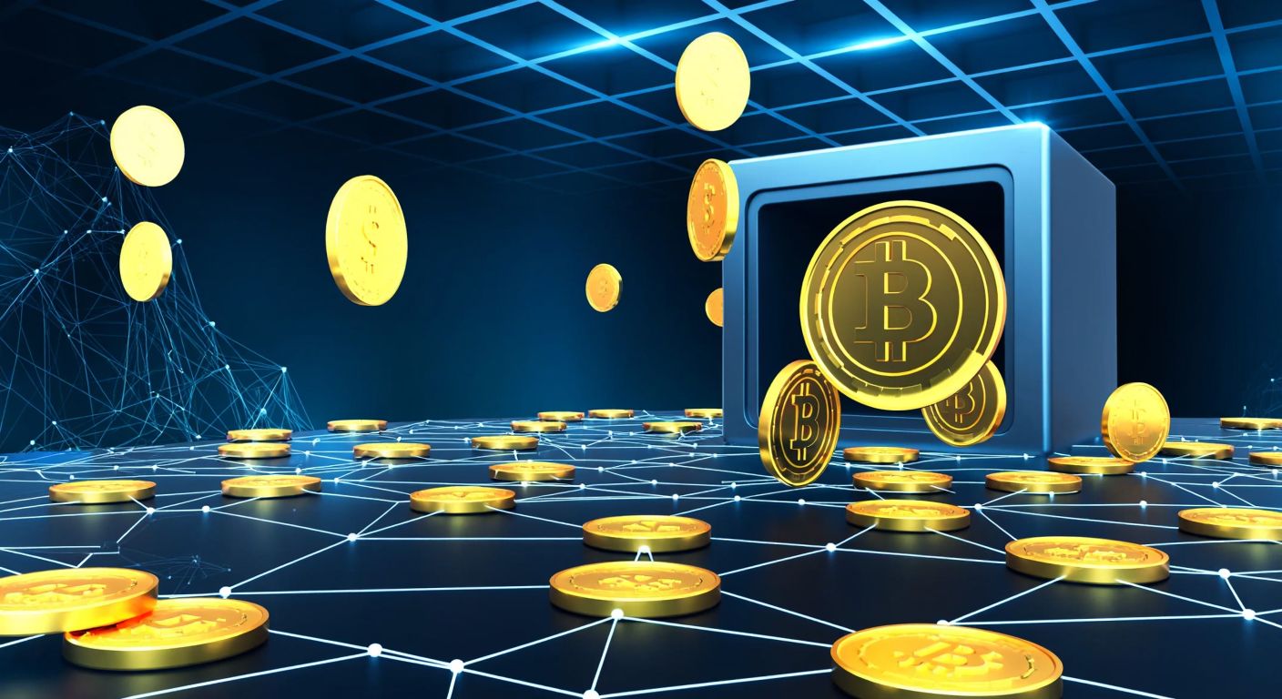 A futuristic digital vault with glowing gold coins floating above a decentralized network of interconnected nodes, symbolizing liquidity mining and governance in blockchain.