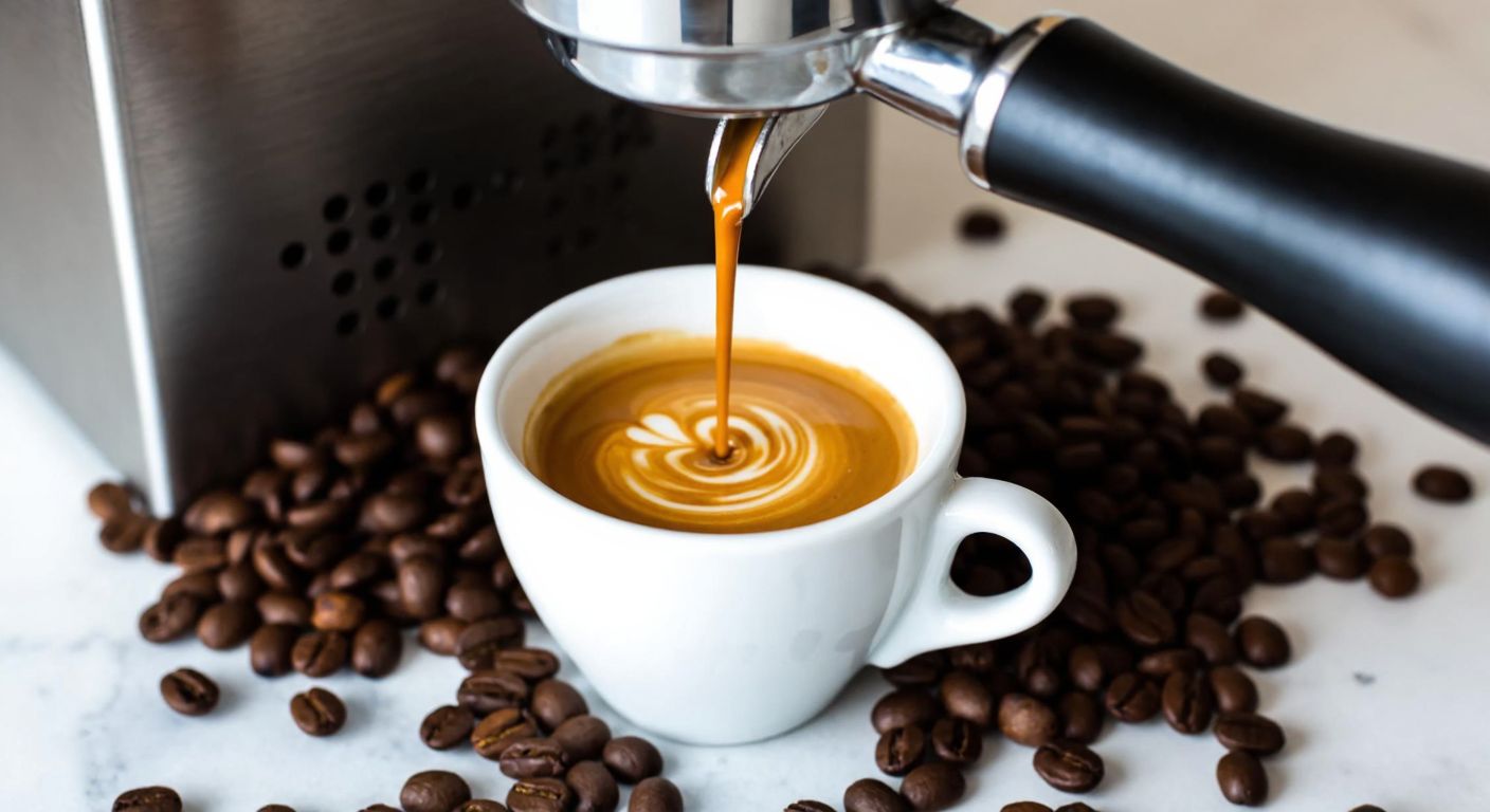 A close-up of a steaming espresso being brewed in a polished Italian coffee machine, with rich brown crema swirling in a small white cup, surrounded by scattered coffee beans on a marble counter.