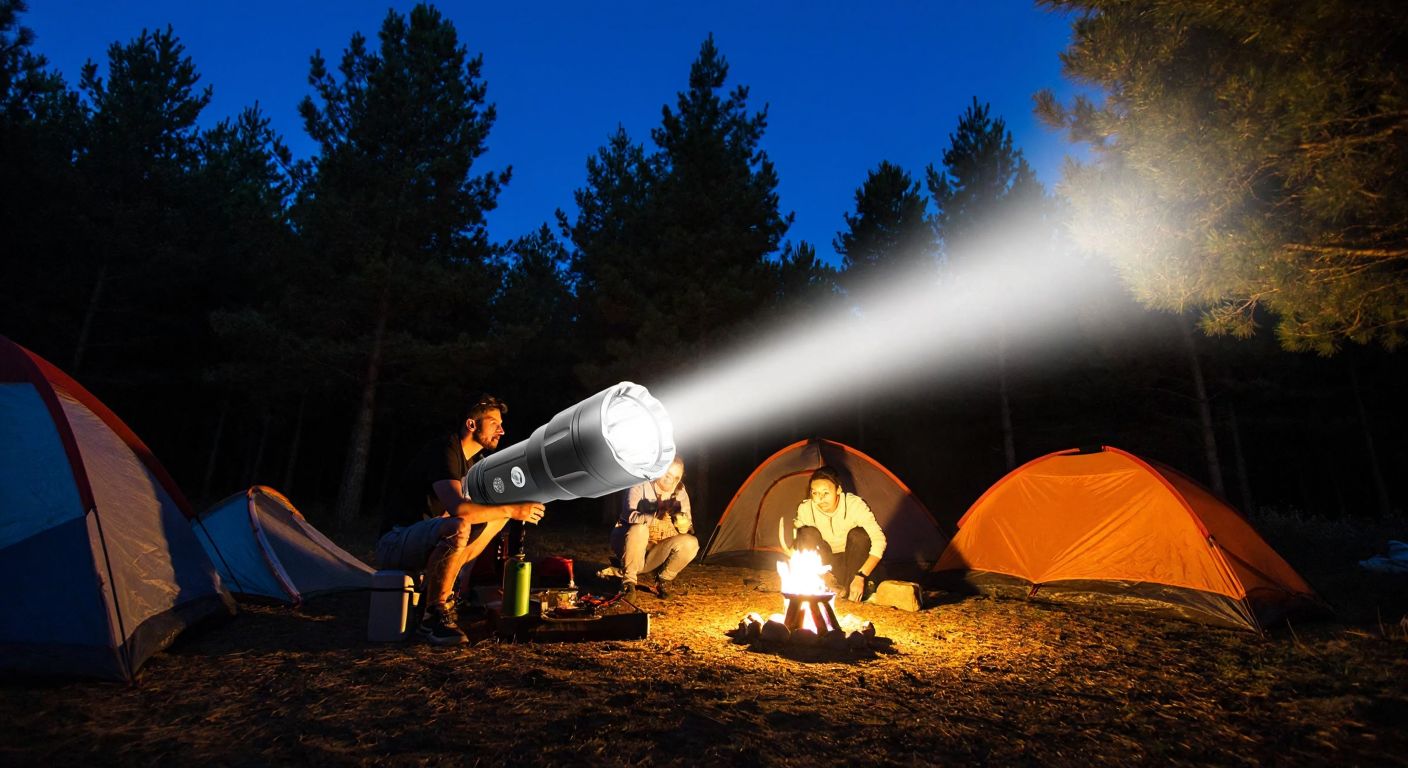 A rugged, large flashlight beams bright light across a nighttime campsite in a Turkish forest, illuminating tents and a group of people preparing food over a small fire.