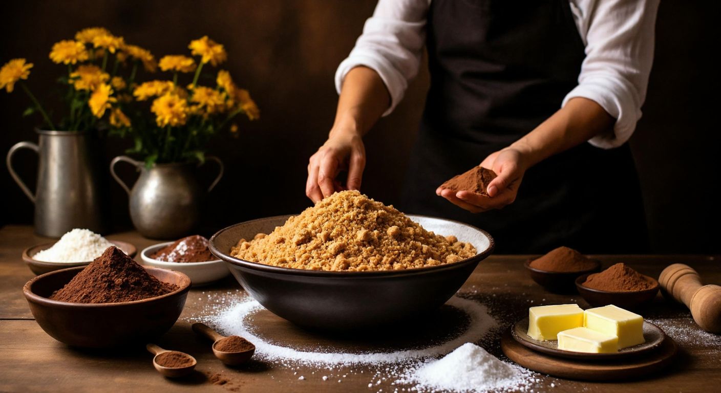 A warm Turkish kitchen with hands mixing crumbled biscuits and melted butter in a large bowl, surrounded by ingredients like cocoa powder and sugar, evoking a cozy, homemade dessert preparation.