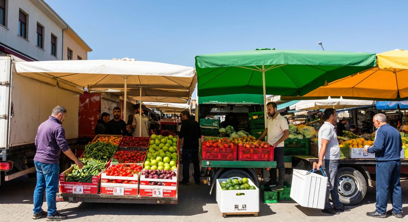 A bustling Turkish marketplace with workers unloading crates of fresh produce from a truck, merchants negotiating prices, and customers examining goods under colorful awnings, embodying the human factors of production and distribution.