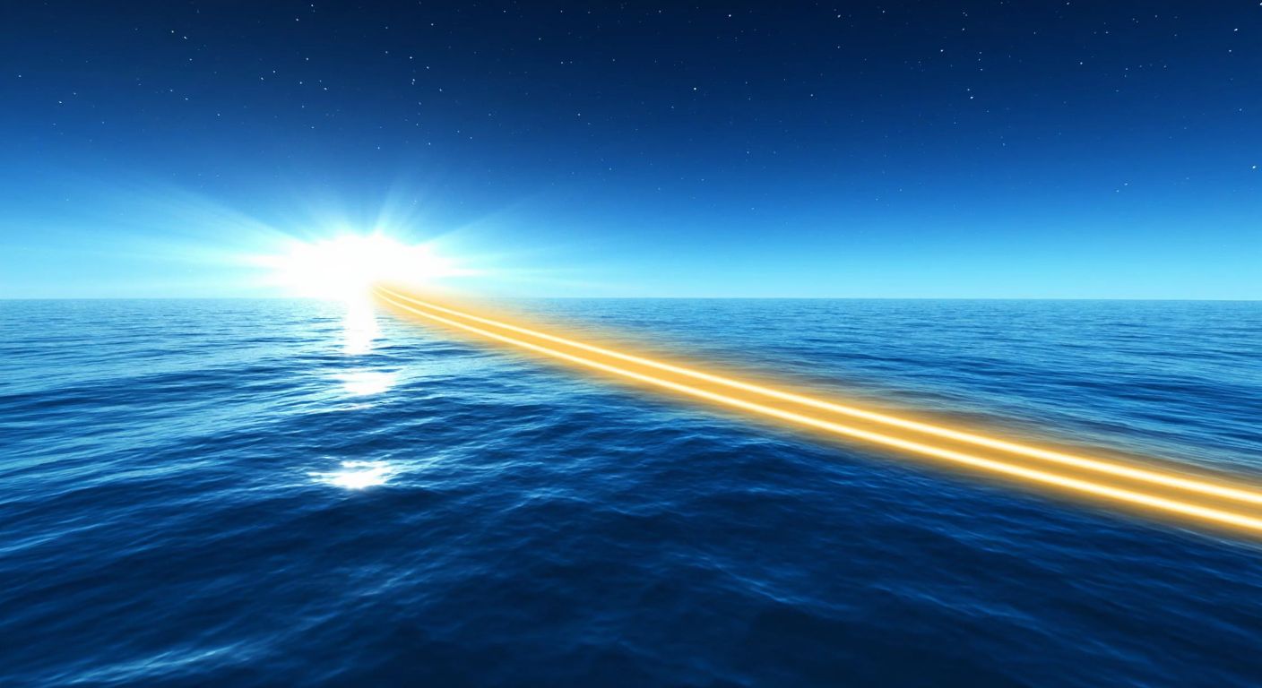 A glowing golden line arcs across a vast blue ocean, dividing a sunlit sky on one side from a starry night on the other, symbolizing the International Date Line.