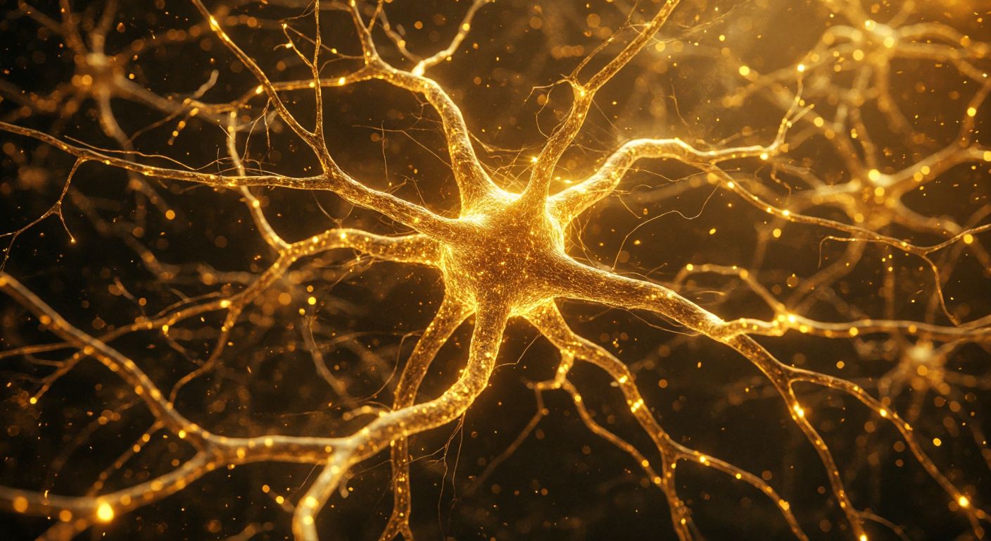 A glowing, interconnected network of neurons in a human brain, dynamically reshaping like tree branches growing and bending, with warm golden sparks symbolizing learning and adaptation.