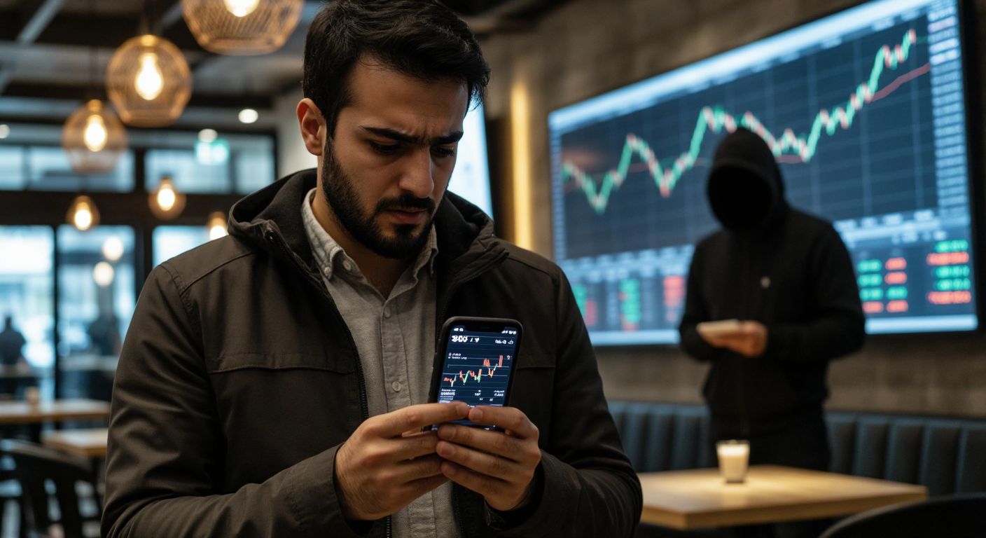 A concerned Turkish investor in a modern café, holding a smartphone displaying fluctuating cryptocurrency graphs, while a shadowy figure in the background manipulates a stock market board with ghostly trades.