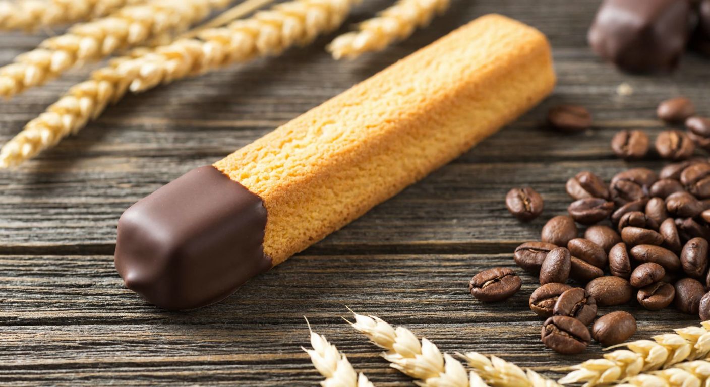 A golden-brown biscuit stick coated in smooth milk chocolate, resting on a rustic wooden table with scattered wheat grains and cocoa beans nearby.