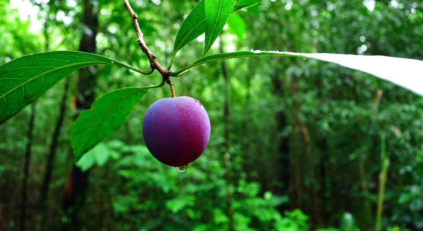 A lush green tropical forest with a single, vibrant purple Murray’s Plum fruit hanging delicately from a slender branch, surrounded by dewdrops and soft sunlight filtering through the dense foliage.