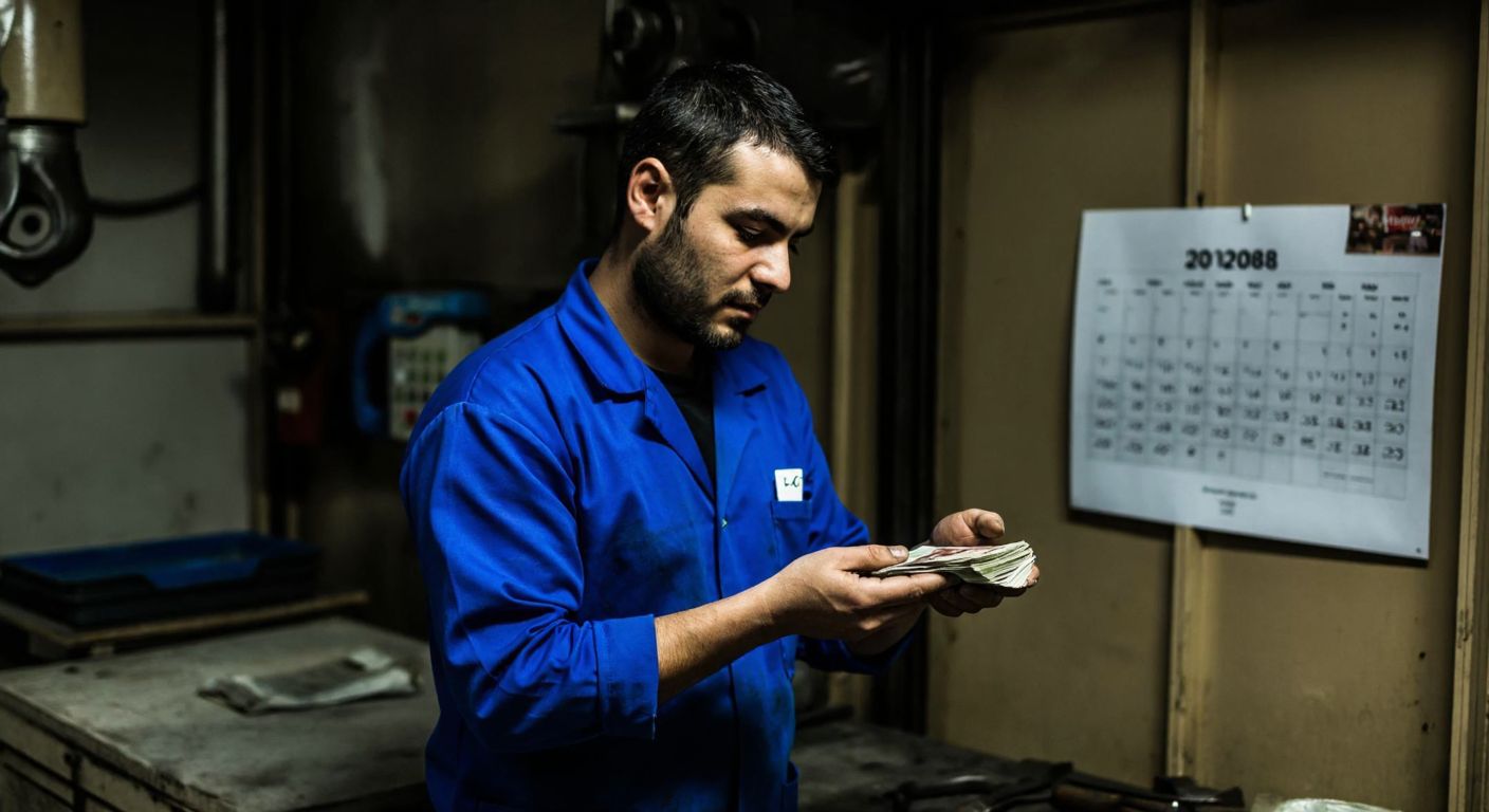 A weary factory worker in a blue uniform holds a small stack of Turkish lira bills in a dimly lit workshop, with a faded 2008 calendar pinned to the wall behind them.
