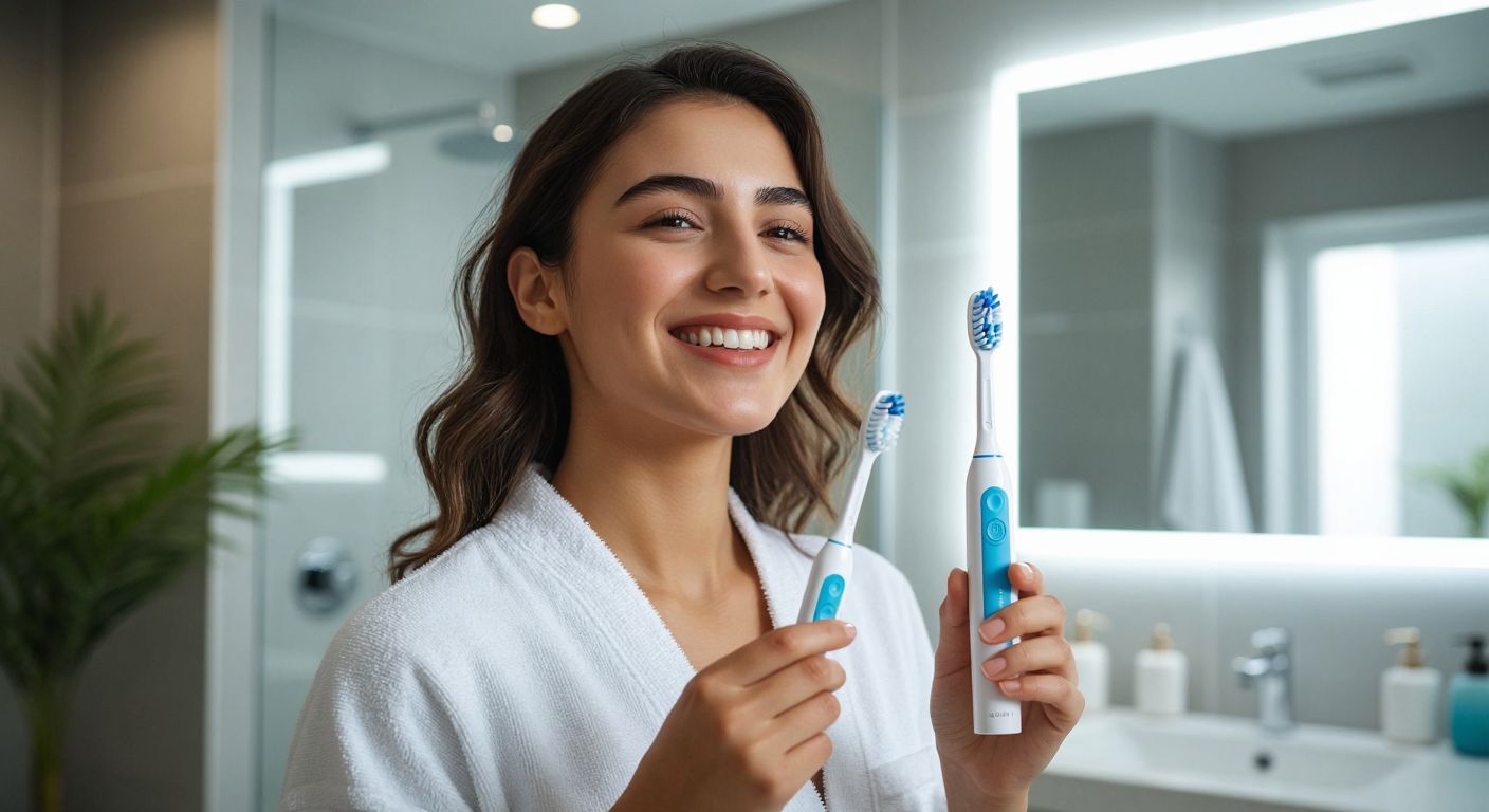 A smiling Turkish person in a bright bathroom holds an Oral-B electric toothbrush, which vibrates gently in their hand, while a small hourglass-shaped light pulses softly on its handle.