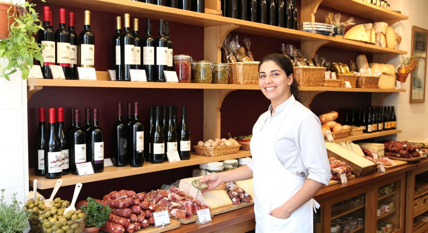 A cozy Turkish deli with wooden shelves displaying bottles of wine among cured meats, cheeses, and olives, with a shopkeeper in a white apron smiling as they arrange the products.
