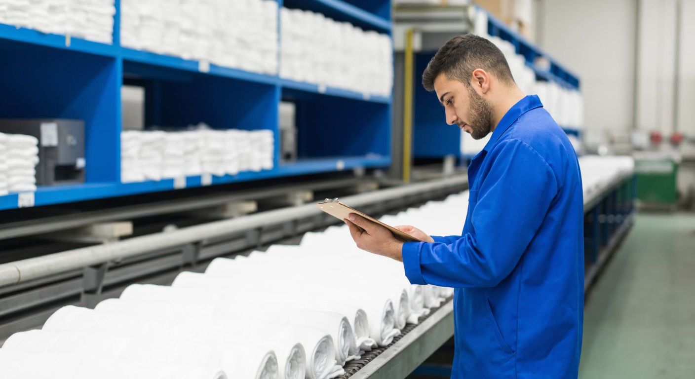 A Turkish factory worker in a blue uniform carefully examines a clipboard while standing near a conveyor belt filled with neatly arranged textile products, with shelves of raw materials visible in the background.
